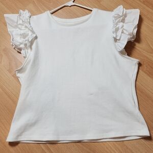 Anthropologie White Ruffle Sleeve Ribbed Top Size XL Stretch
